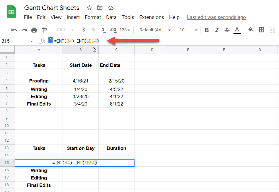 2 Въведете формула Създайте диаграма на Гант в google sheets