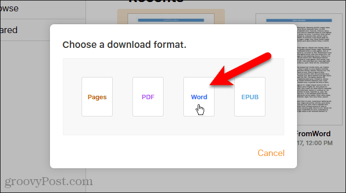 Щракнете върху Word в диалоговия прозорец Избор на формат за изтегляне в Страници в iCloud