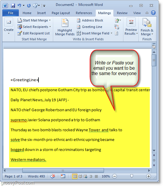 Снимка на екрана на Outlook 2010 - напишете масовото си имейл съдържание