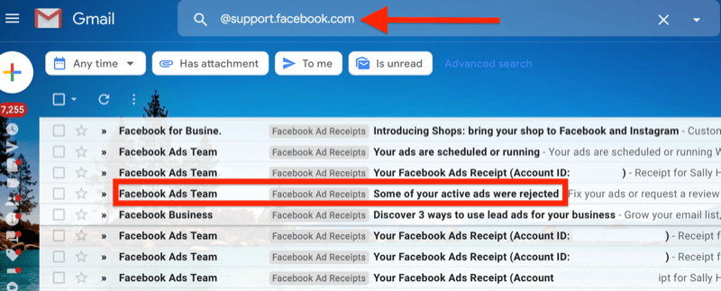 пример за gmail филтър за @ support.facebook.com, за да изолира всички известия за реклами по имейл във facebook