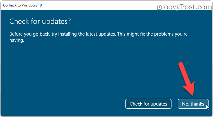 Изберете да не проверявате за актуализации при връщане от Windows 11 към Windows 10
