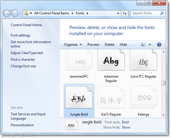изглед към контролния панел на шрифта на Windows 7