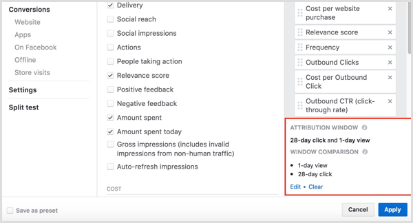 facebook мениджър на реклами персонализирайте колони кликване и преглед на реализации