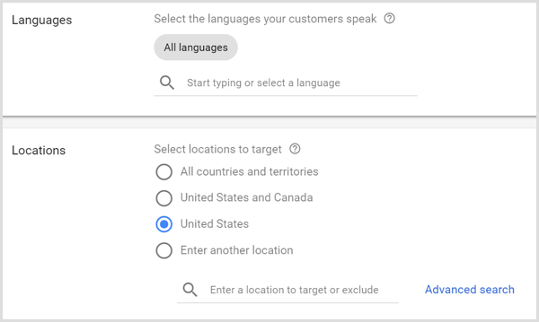Настройки за езици и местоположения за кампания в Google AdWords.