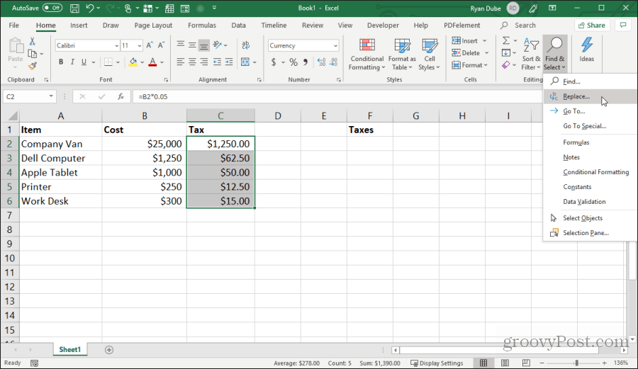 подмяна на символите на формулата в Excel
