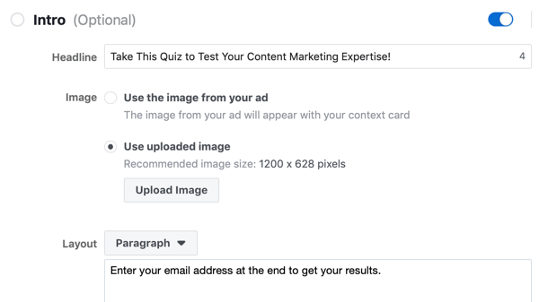 Опции за заглавие, изображение и оформление за водеща рекламна кампания на Facebook.