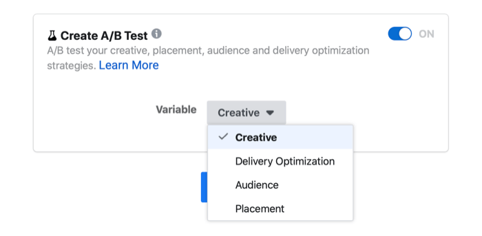 настройка за тестване на facebook ad a / b, показваща променливите опции за креатив, оптимизация на доставката, аудитория и разположение