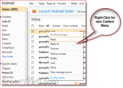Hotmail Ново меню с десния бутон на мишката върху контекста