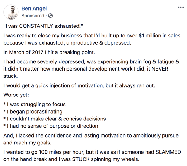 Как да пишете и структурирате по-дълги текстови публикации, спонсорирани от Facebook, стъпка 1, пример за изявления на предишни истории от Ben Angel