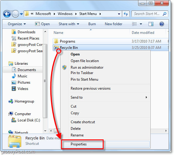 коригирайте свойствата на пряк път в Windows 7