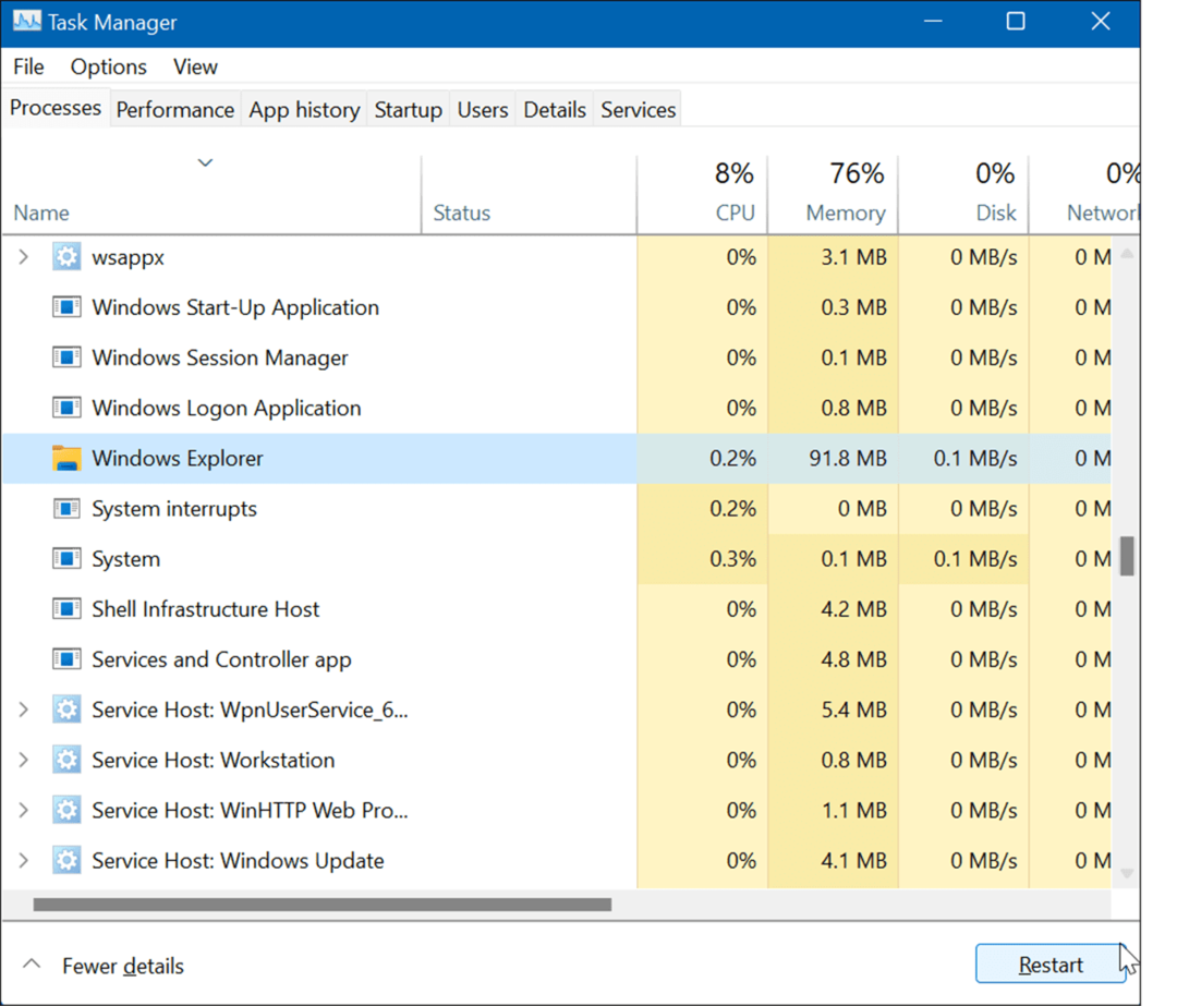 Рестартирайте Windows Explorer, нулирайте настройките на лентата на задачите в Windows 11