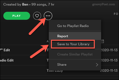 Запазване на Spotify плейлист в потребителска библиотека