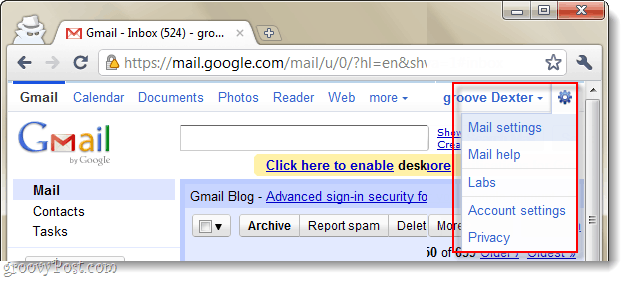 падащо меню с настройки за поща в Gmail