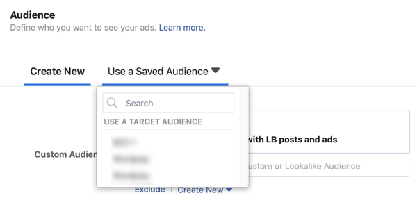 Възможност за използване на запазена аудитория за водеща рекламна кампания във Facebook.