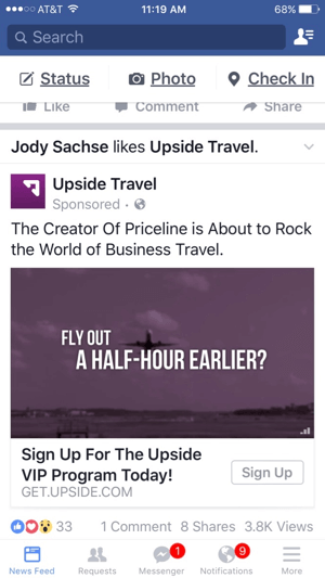 видео реклама за пътуване нагоре във Facebook
