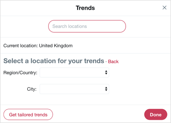 Изберете държавата и града, върху който искате да се съсредоточите, с тенденциите в Twitter.