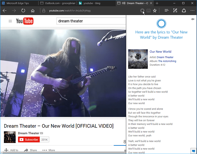 Направете Cortana Display YouTube Текст на музикални видеоклипове в Edge
