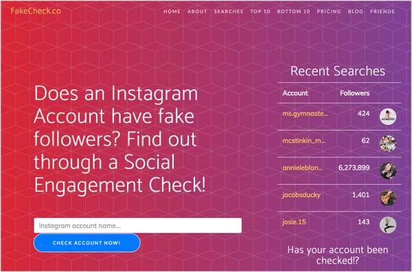 Проверете за фалшиви последователи в Instagram с FakeCheck.co.