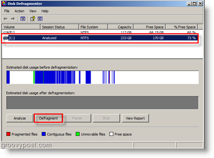 Опции за дефрагментиране на диск за Windows XP - Анализиране и дефрагментиране