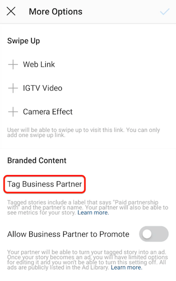 Опция Tag Business Partner за Instagram Stories