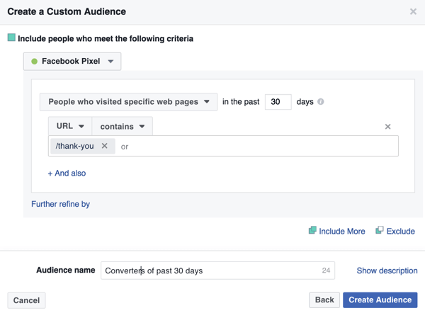 За да създадете персонализирана аудитория във Facebook от предишни купувачи, добавете URL адреса на вашата благодарствена страница.