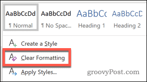 Опция за изчистване на стилове за форматиране в Word