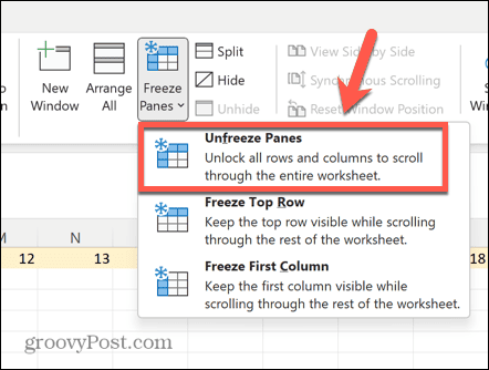 excel unfreeze panes