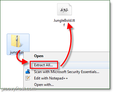 разархивиране на безплатно изтегления шрифт за използване с Windows 7