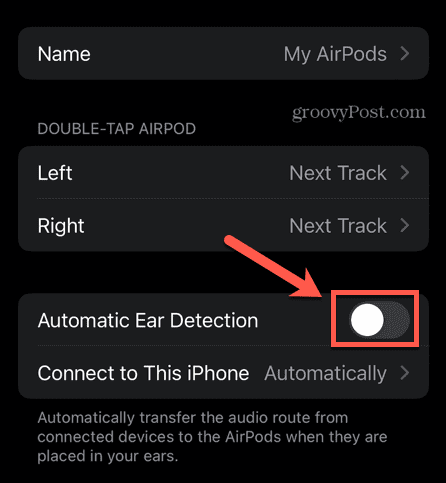 автоматичното разпознаване на ухото на airpods е изключено