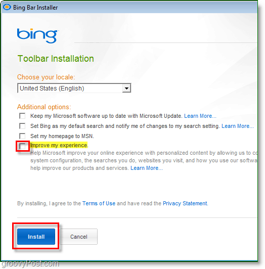 как да инсталирате лентата с инструменти на Bing и да деактивирате функцията за подобряване на моя опит.