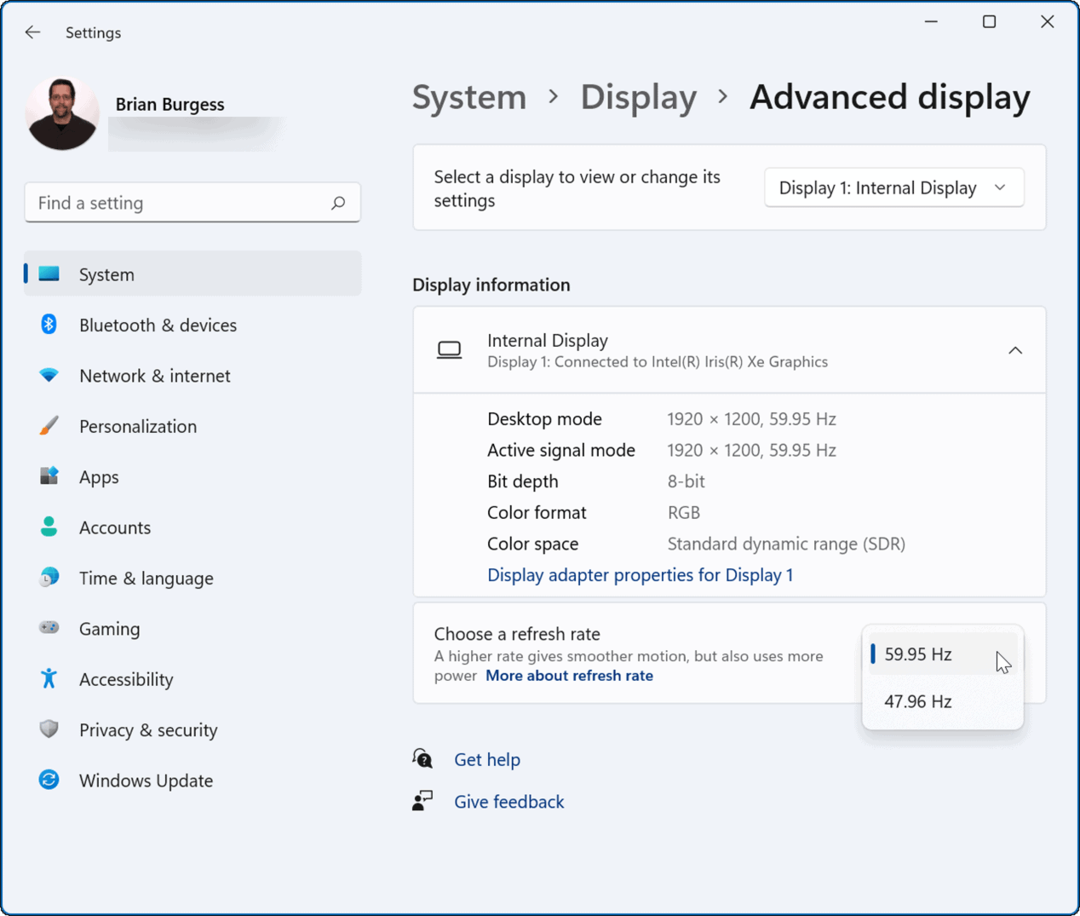 променете честотата на опресняване в Windows 11