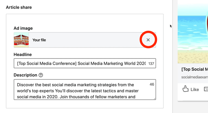 екранна снимка на бутон X, закръглена в червено до изображението на рекламата в LinkedIn по време на настройката
