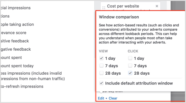 сравнение на прозореца за приписване на facebook ads manager