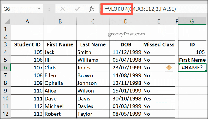 Грешно написана формула VLOOKUP в Excel, връщаща NAME грешка