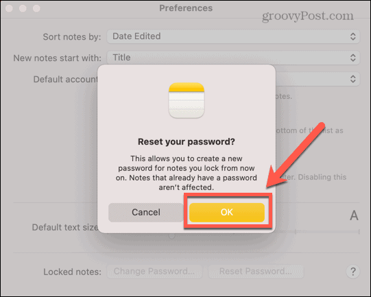 потвърдете нулиране на парола mac