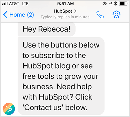 Приветственото съобщение на чат-бота на HubSpot ви позволява да се свържете с човек.