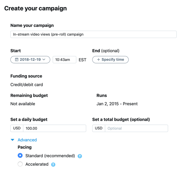Пример за настройки на кампанията за вашата In-Stream Video Views (Pre-Roll) реклама в Twitter.
