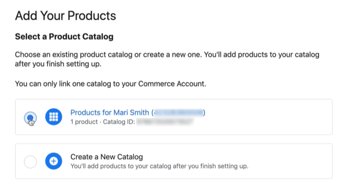 опция за каталог на facebook продукти за свързване на съществуващ или нов каталог