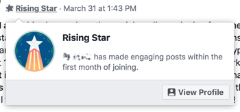 Как да използвам функциите на Facebook Групи, пример за значка на групата Rising Star