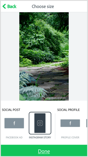 Изберете размер с мобилното приложение Adobe Spark Post.
