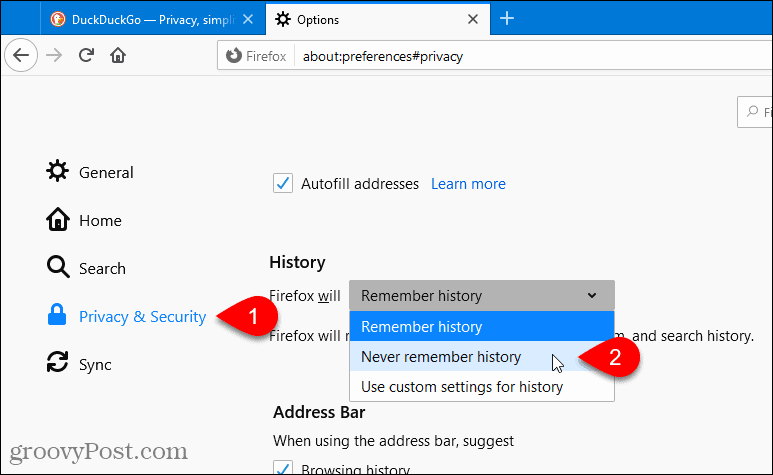 Изберете Never Remember History в Firefox
