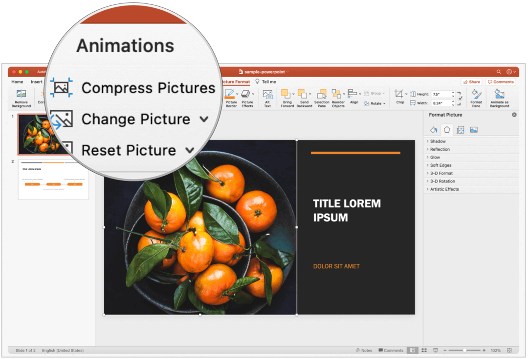 PowerPoint Mac компресира снимки