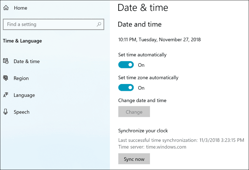 Настройки на синхронизационния часовник на Windows 10 19H1
