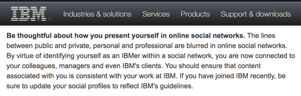 Насоките на IBM за социални изчисления напомнят на служителите, че представляват компанията дори в личните си сметки.