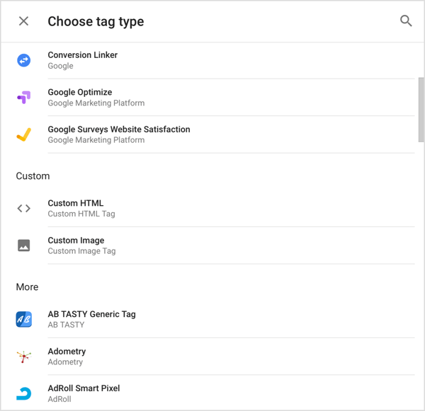Изберете типа маркер, който искате да добавите към Google Tag Manager.