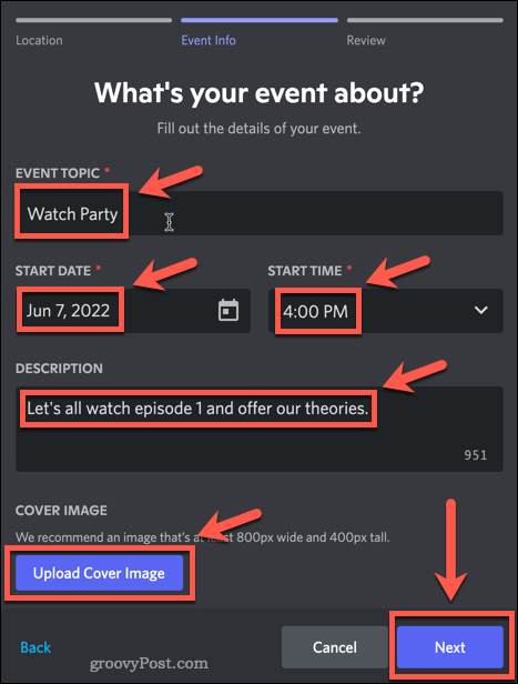 Избиране на подробности за събитието в Discord