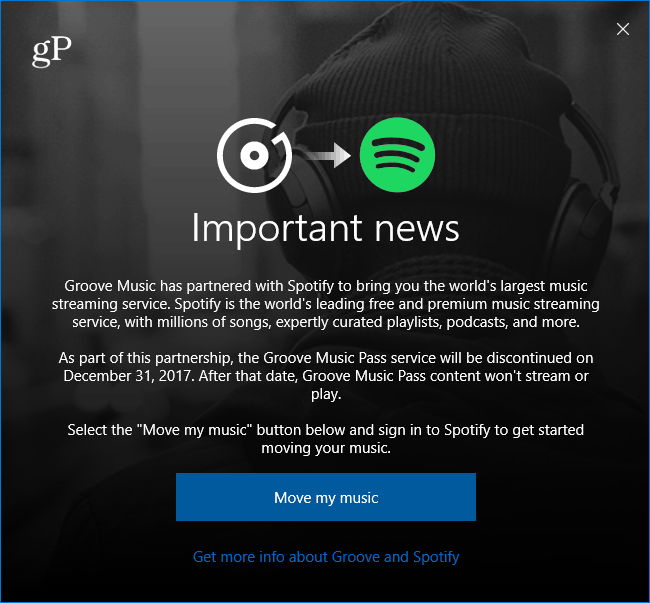 Музика на Microsoft Groove Преминаване към Spotify Message