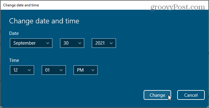 Диалогов прозорец за промяна на дата и час в Windows 11