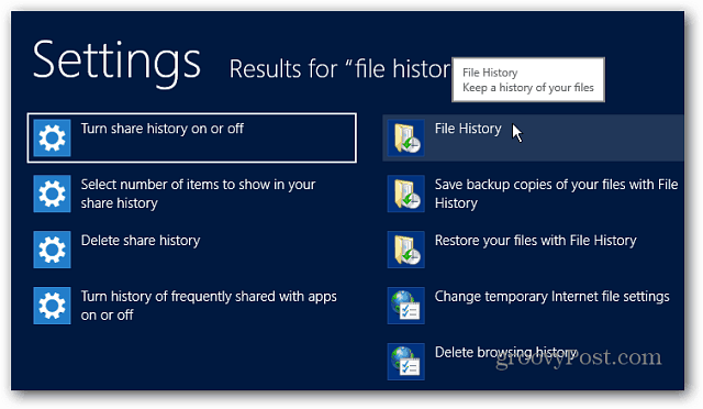 История на файлове Настройки Търсене Windows 8
