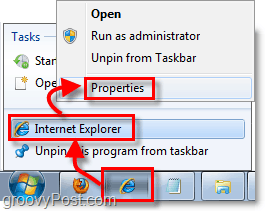 как да стигнем до свойствата на пряк път за фиксирани шорткъти на лентата на задачите в Windows 7